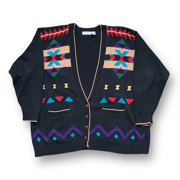 Vintage 90s Black Southwestern Knit Cardigan Sweater Geometric Vneck Plus Size - Picture 1 of 9